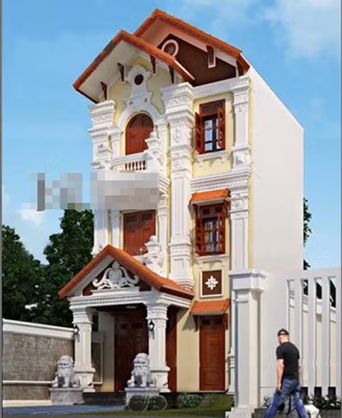 Ngôi nhà 3 tầng phong cách cổ điển có tầng 1 gồm phòng khách, 1 phòng ngủ, phòng bếp. Tầng 2 là 2 phòng ngủ còn tầng 3 là sân phơi và phòng thờ. Ảnh: Vinavic.