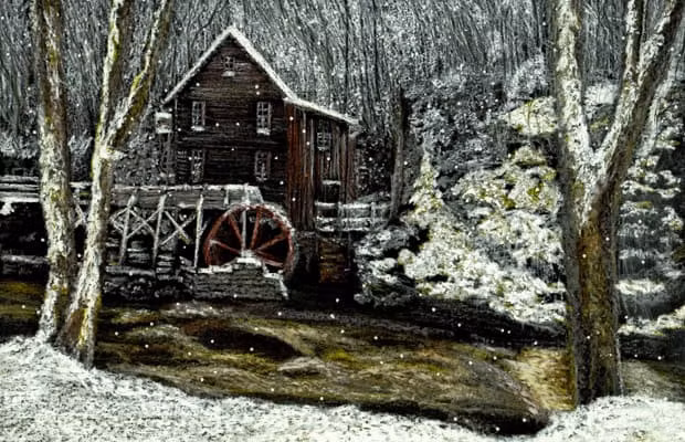  Snowing in Heaven: Bức họa này thuộc về tài khoản Flickr có tên traqair57's. Họa sĩ đã vẽ lại một ngôi nhà gỗ trong khu rừng đầy tuyết.