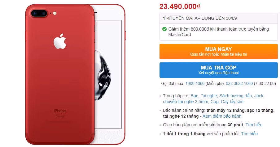 Trong đó iPhone 7 Plus đỏ 128GB có giá 23,49 triệu đồng, iPhone 7 Plus 256GB có giá 24,99 triệu đồng. Ảnh: Thegioididong.