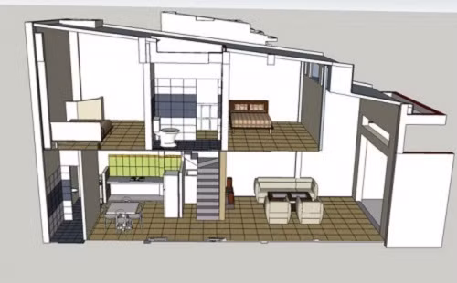 Nhà cấp 4 mái tôn với một phòng khách, phòng bếp + phòng ăn và khu vệ sinh giặt phơi đồ phía sau nhà. Gác lửng được thiết kế thêm 2 phòng ngủ và 1 phòng vệ sinh chung, đủ không gian sinh hoạt cho một gia đình nhỏ. Ảnh: Thietkethicong.