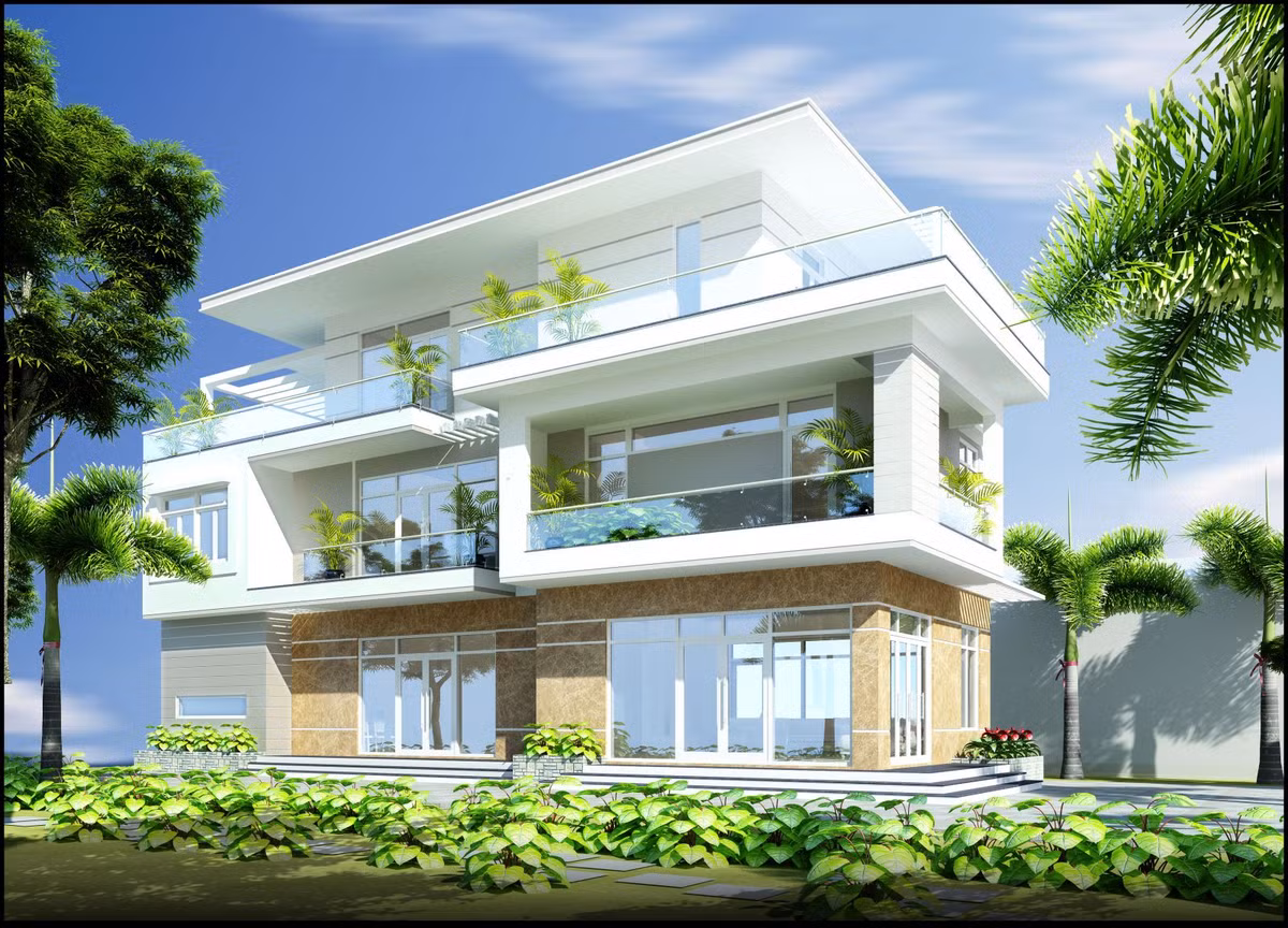 Toàn bộ ngôi biệt thự 3 tầng được sơn màu trắng, và điểm thêm các diện kính lớn tạo thành các mảng đặc, rỗng rất có ý đồ về mặt tạo hình của kiến trúc sư. Ảnh: Ngoinhaxinh.