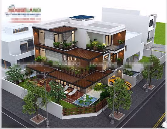 Mẫu biệt thự 3 tầng mái bằng được bao quanh bởi những tiểu cảnh sân vườn. Thiết kế khá đơn giản, và hiện đại nhưng mang lại sự tinh tế và tiện nghi trong quá trình sử dụng. Ảnh: Houseland.