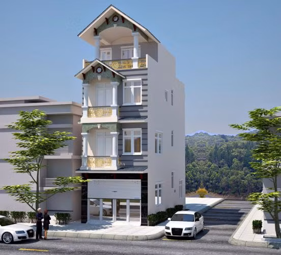  Nhà 4 tầng mái thái ấn tượng với trụ cột tròn độc đáo ở tầng 2, 3. Ảnh: Nhabinhduong.