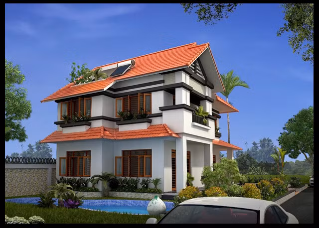 Thiết kế biệt thự sân vườn mái thái ấn tượng với các đường nét góc cạnh, khỏe khoắn. Ảnh: Xuongnoithat.