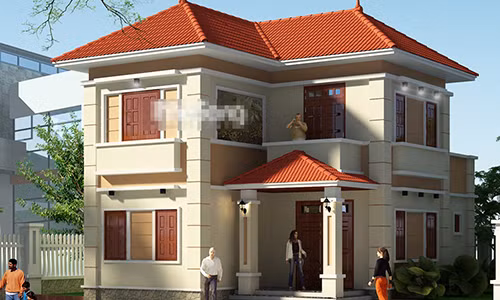 Biệt thự vườn mini chữ L đơn giản cùng gam màu be nhẹ nhàng sang trọng. Ảnh: Nhasang.