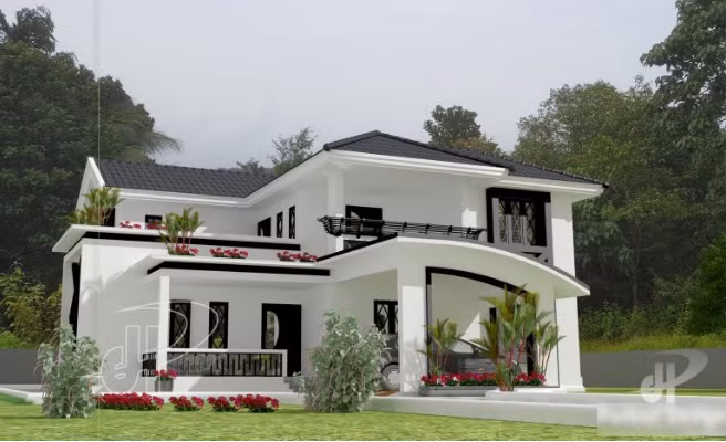 Biệt thự 2 tầng hiện đại có hình dáng mái lạ mắt. Không gian tầng 2 thiết kế chiều cao thấp để giảm chi phí. Ảnh: Nhadepvn.