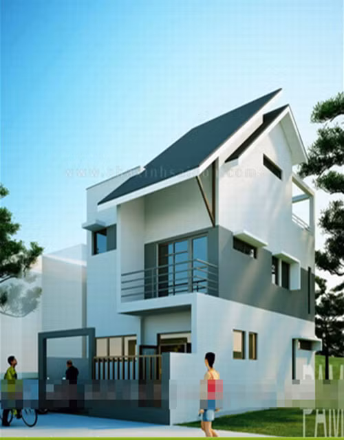 Căn nhà nhỏ được thiết kế khá đồ sộ với hình khối lạ mắt, màu sắc hòa trộn. Phần mái dốc được xây nổi thành một mảng riêng sinh động. Ảnh: Nhaxinhcenter.