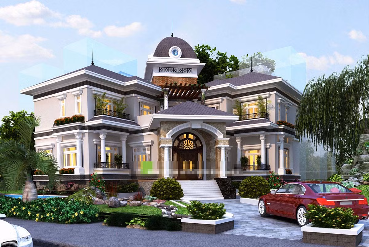 Biệt thự có sân vườn rộng, gara xe được tách biệt và không gian xanh thoáng mát. Ảnh: Bietthucodien.