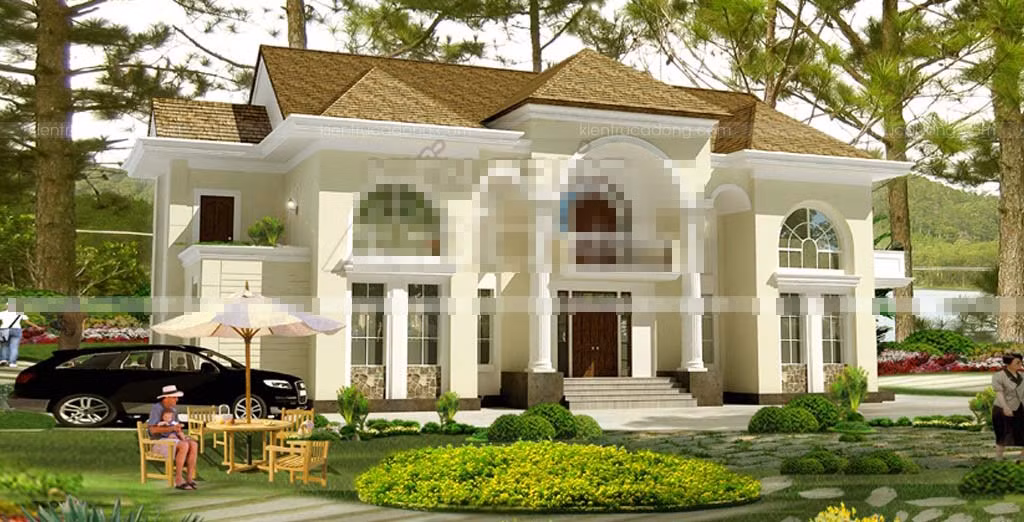 Trên khu đất gần 500m2, biệt thự 2 tầng phong cách cổ điển kết hợp mái thái có sân vườn rộng rãi tạo không gian xanh thoáng mát. Ảnh: Kientrucadong.