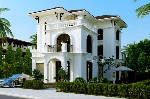 Biệt thự mini cổ điển với những đường nét chấm phá đặc trưng của kiến trúc biệt thự. Mái ngói tô thêm vẻ đẹp vừa hiện đại vừa cổ điển cho công trình. Ảnh: Kienanvinh.