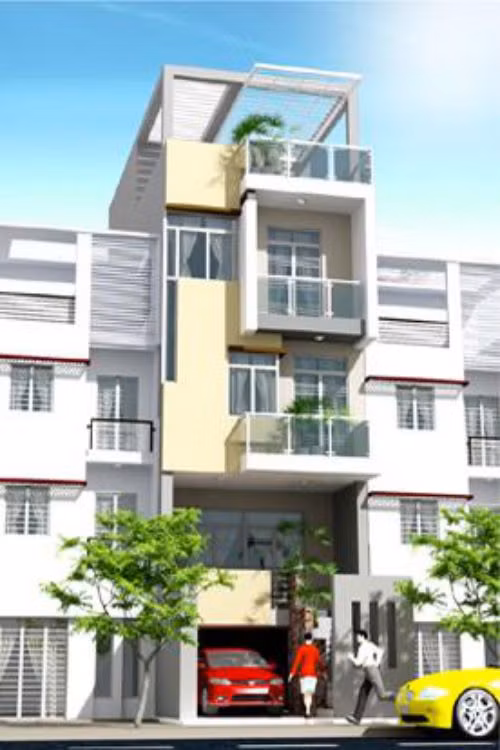 Ngôi nhà ống 4 tầng có kiến trúc hiện đại lan can lệch phá cách. Màu cam nhạt kết hợp với màu sáng của kính tạo nên một lối kiến trúc vô cùng hoàn hảo và trang nhã. Ảnh: Nhadepktv.