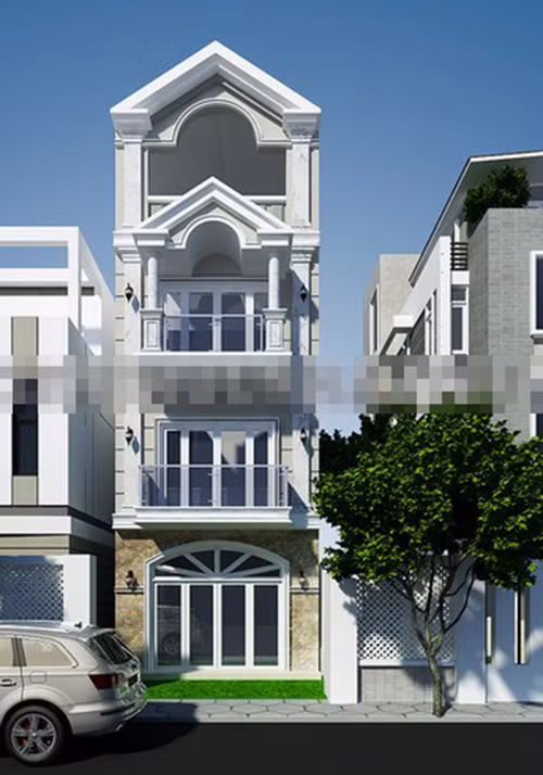 Thiết kế nhà 3 tầng 1 tum nổi bật với các chi tiết tạo hình đơn giản mang đậm phong cách của nhà ống kiểu Pháp. Ảnh: Kientrucnhaviet.