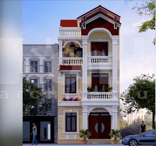 Nhà phố mái ngói 3 tầng kiến trúc Pháp hút mắt bởi cách phối màu nổi bật và hài hòa. Ảnh: Xaydungsonha.