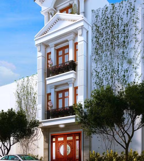 Sự kết hợp táo bạo nhưng rất hiệu quả của hai màu gần như đối nghịch đỏ và trắng mang đến ngoại thất của ngôi nhà 4 tầng kiến trúc Pháp một dáng vẻ đầy thú hút. Ảnh: Kientrucsonha.