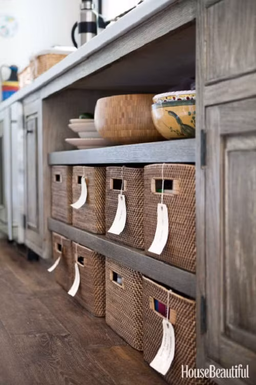 Hãy tận dụng gầm kệ bếp để cất trữ đồ trong những chiếc hộp vuông. Mỗi khi cần đồ đạc, bạn chỉ cần kéo những chiếc hộp ra. Bạn cũng nên gắn những chiếc thẻ tên trên chiếc hộp để dễ tìm kiếm đồ đạc.