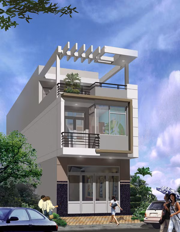 Tầng 1 bao gồm phòng khách, cầu thang, nhà vệ sinh và bếp ăn. Sảnh thang có cửa kính được trang trí nhẹ nhàng với rèm, hoa, để lấy sáng và có tầm nhìn ra bên ngoài. Ảnh: Thietkethicongnhadep.