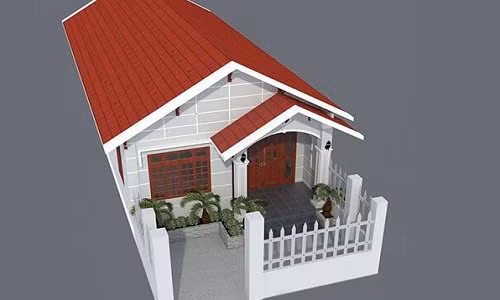 Trên nền diện tích rộng 7m, sâu 21, mẫu nhà ống mái thái này được thiết kế với 3 phòng ngủ, 1 phòng bếp + nhà ăn và 1 nhà vệ sinh chung. Một sân nhỏ trước nhà cho chủ hộ trồng hoa và để xe. Ảnh: 10nhadep.