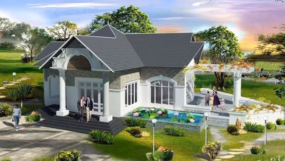 Nhà cấp 4 ấn tượng với mái ngói nhiều gấp khúc cùng sân vườn hiện đại. Ảnh: Khonggiannhadep24h.