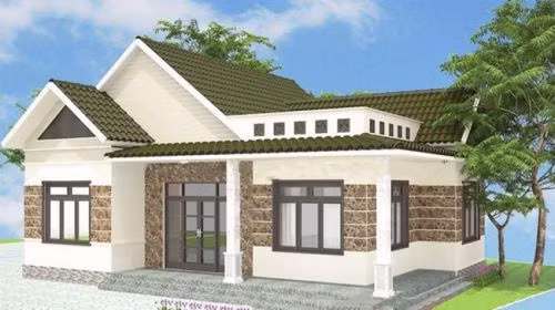 Mái che chữ A lợp ngói cùng hệ thống cửa kính tạo điểm nhấn cho ngôi nhà. Ảnh: Nhadatdian24h.