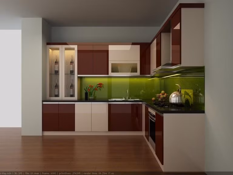 Sự kết hợp của ba gam màu đỏ, trắng, xanh cho phòng bếp thật sự ấn tượng. Ảnh: Khonggiannhadep24h.