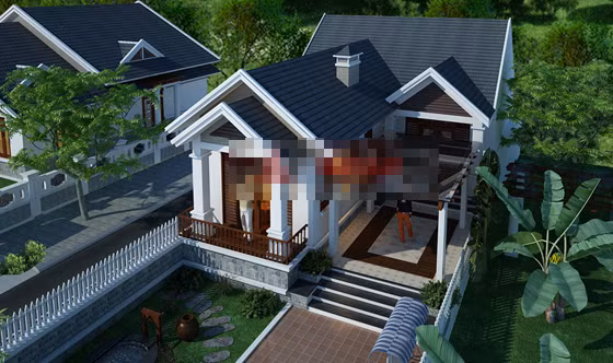 Nhà 1 tầng nổi bần bật giữa hàng cây xanh mướt. Ảnh: Angcovat.