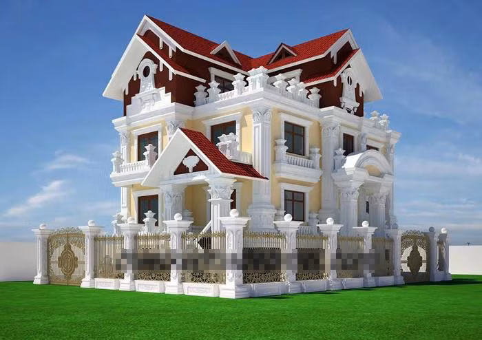 Dựa trên phong cách cổ điển Pháp, lâu đài có tường rào che chắn và 2 cổng lối vào. Thiết kế loại bỏ các chi tiết cầu kỳ nhưng vẫn giữ được nét mềm mại tươi nguyên của kiến trúc cổ. Ảnh: Thietkenhadepmoi.