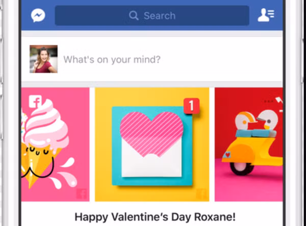 Mùa Valentine năm nay, Facebook sẽ hiển thị thông báo trên News Feed của người dùng, vừa chúc mừng Valentine hạnh phúc vừa nhắc bạn chia sẻ tấm thiệp tới người thương. Ảnh: Tinthethao247.