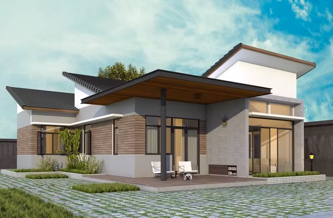 Công trình lạ mắt với phần mái thò thụt. Ảnh: Thietkenhadepmoi.