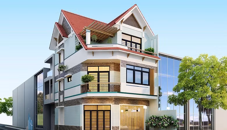 Mặt tiền ngôi nhà được thiết kế cầu thể hiện phong cách kiến trúc bán cổ điển: mái ngói đỏ tươi và lan can sắt. Ảnh: Phankienphat.