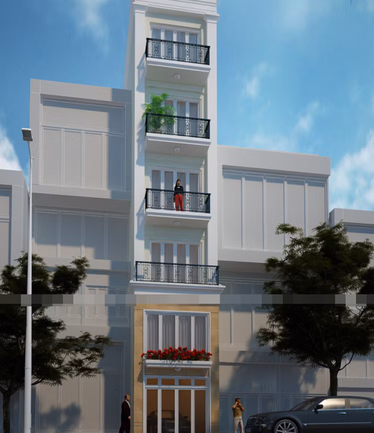 Ngôi nhà 7 tầng nổi bật theo phong cách kiến trúc Pháp nhưng đường nét và hình khối đơn giản, sang trọng. Ảnh: Bietthunhadep.