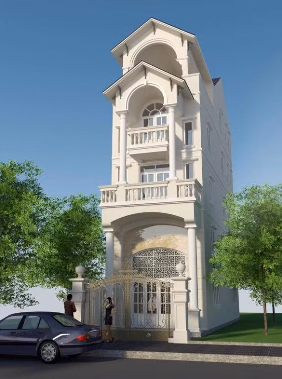 Mẫu nhà phố cổ điển mang hơi hướng kiến trúc Pháp. Mọi chi tiết đều mang tính hài hòa từ con tiện lan can bằng xi măng cho tới màu sơn và phào chỉ kiểu Pháp điển hình. Ảnh: Xaydunghoangmai.