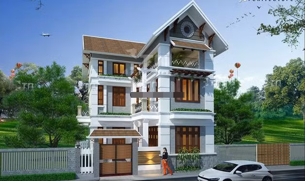 Biệt thự mini 3 tầng được thiết kế hình chữ L có sân trước rộng. Ảnh: Thietkenhadepmoi.