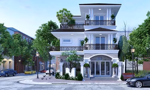 Mẫu biệt thự 3 tầng hiện đại đan xen nét cổ điển có điểm nhấn quan trọng là không gian mái thái đan xen duyên dáng. Ảnh: Maunhabietthudep.