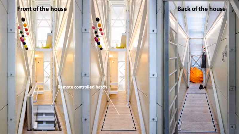 Cầu thang đi lên có thể gập gọn lại và điều khiển từ xa. Ảnh: Gizmodo.
