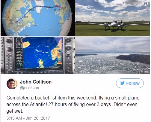 John Collison là tỷ phú tự thân. Anh dành nhiều thời gian thực hiện các sở thích của mình, như bay qua Đại Tây Dương hay tham gia các cuộc thi chạy, leo núi.