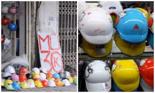 Với mức giá từ 30.000 đến 60.000 đồng/chiếc, người bán có thể cho khách xem hàng loạt mũ bảo hiểm có gắn tem CR. Ảnh: Vietq.