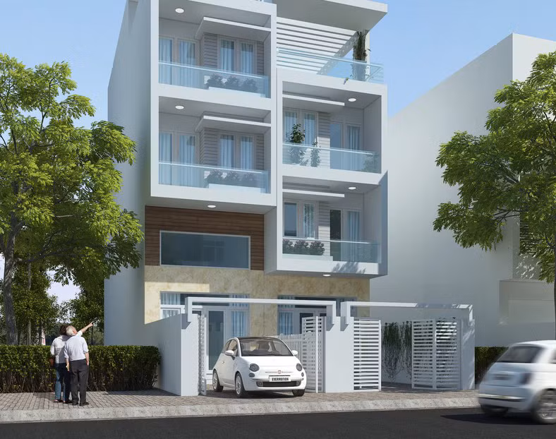 Mảng tường trắng tinh khiết kết hợp lan can kính ngoài mặt tiền giúp không gian thêm rộng thoáng. Ảnh: Kientaokhonggian.