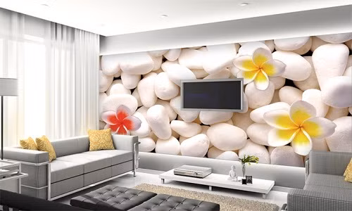 Hình ảnh những viên sỏi màu trắng và những bông hoa sứ sẽ mang đến hiệu ứng lạ cho phòng khách nhà bạn.