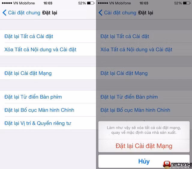 Setting lại cho máy giúp người dùng khắc phục lỗi do các phần mềm. Vào “Cài đặt” , chọn “Cài đặt chung” => chọn “Đặt lại” => chọn "Đặt lại Tất cả Cài đặt VPN”. Sau đó bạn cần phải đặt lại tất cả các cài đặt cho máy. Ảnh: Namcongnghe.