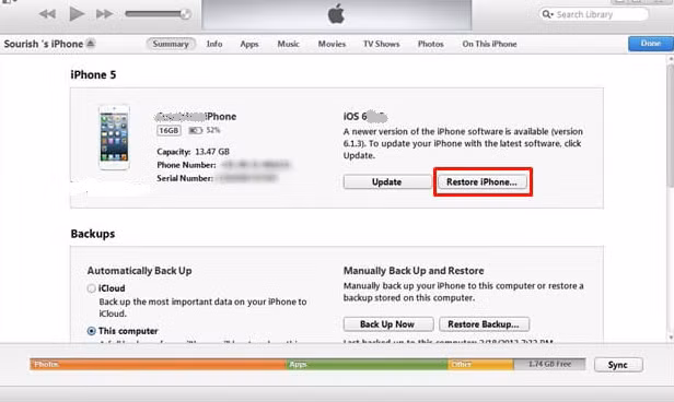 Trên giao diện của iTunes, bạn tìm và chọn biểu tượng của iphone, rồi nhấn Restore iPhone. Ảnh: iCare Data Recovery.
