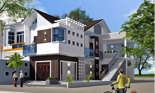 Biệt thự 2 tầng hiện đại mái lệch với cầu thang ngoài. Ảnh: Kientrucvietas.