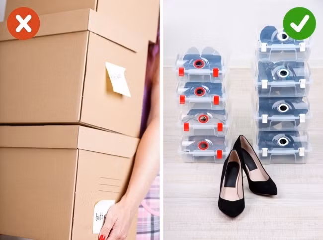 Bảo quản giày dép trong những chiếc hộp cồng kềnh sẽ khiến không gian nhà thêm chật chội. Bạn có thể thay thế bằng hộp nhỏ vừa vặn hơn. Ảnh: Freshome.