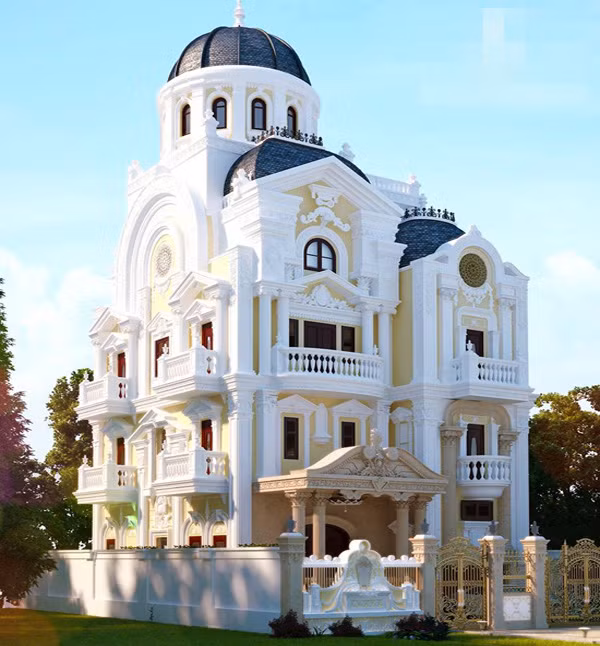 Được thiết kế tỉ mỉ từ chi tiết nhỏ nhất, ngôi biệt thự nổi bật với đường nét đặc trưng của phong cách biệt thự cổ điển châu Âu. Tum tròn trên mái nhà thiết kế theo kiểu Ba Tư điển hình. Ảnh: Thietkenoithatmaket.