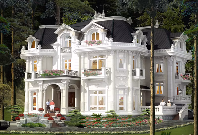 Một màu trắng tinh khôi bao chùm ngôi biệt thự châu Âu cổ điển. Những loại hoa văn, họa tiết thể hiện sự tinh tế khéo léo trong từng chi tiết. Ảnh: Greenviet.