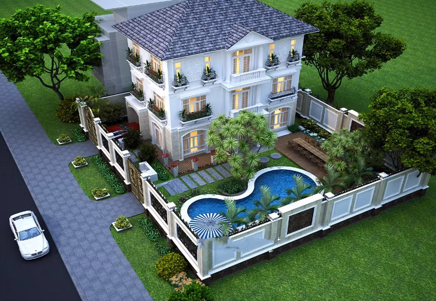 Biệt thự rộng rãi với không gian thoáng đãng và bể bơi đẳng cấp. Ảnh: Thanglongarc.