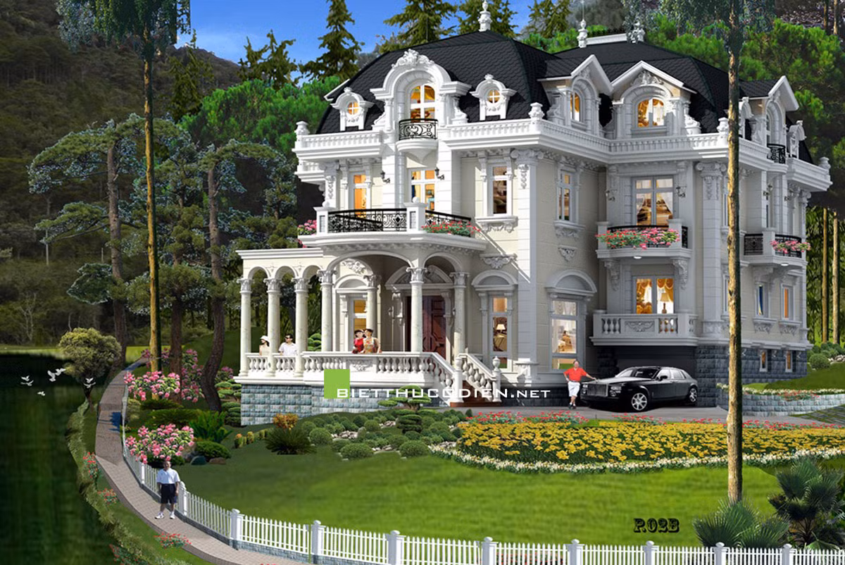 Công trình gồm nhiều hạng mục như: khu nhà, hồ bơi, cảnh quang sân vườn, tạo nên không gian thư giãn. Ảnh: Bietthucodien.