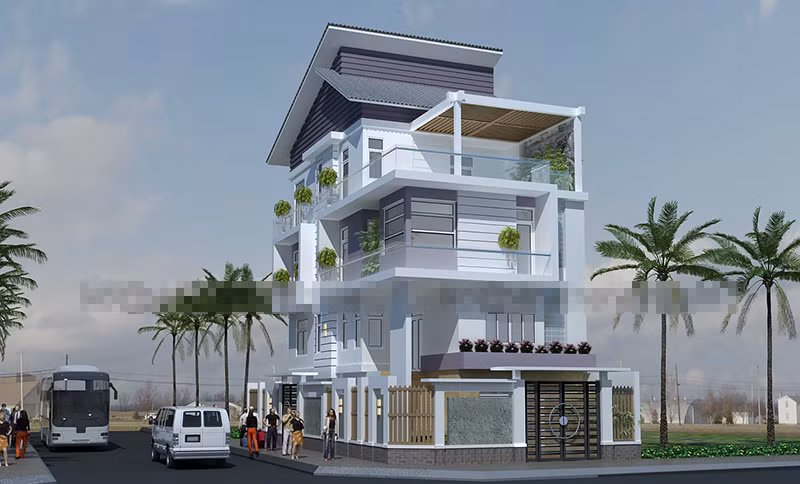 Biệt thự mái lệch 3 tầng có 2 gara xe ô tô thông vào nhà từ hai bên công trình. Toàn bộ kiến trúc mặt bằng gồm 4 cửa lưu thông vào nhà nhằm tạo sự đối lưu khí cân đối. Ảnh: Vinatrends.