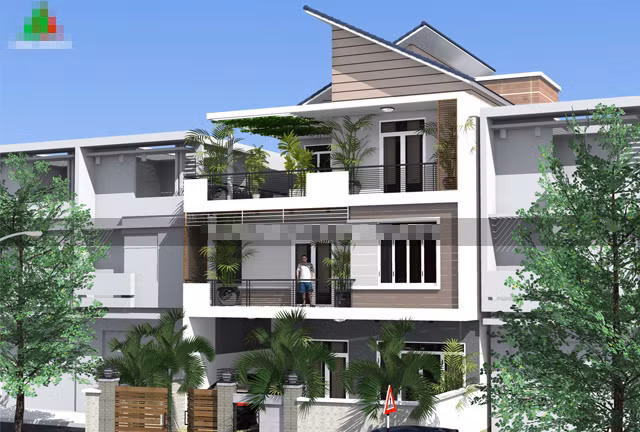 Biệt thự mái lệch độc đáo so le hai bên. Ảnh: Vinahouse.