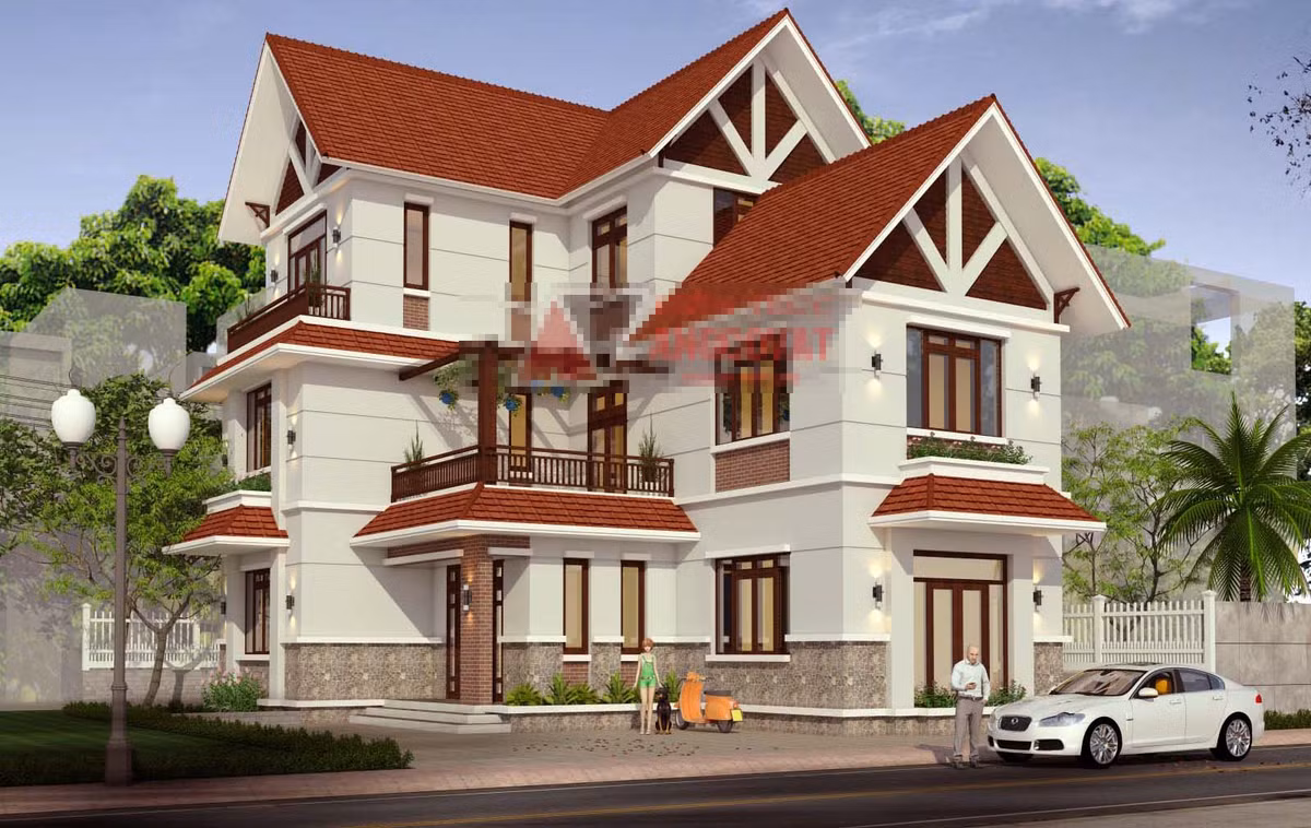 Nhà 3 tầng mái thái ấn tượng với mặt tường chữ A giáp mái gồm các thanh lam tường màu trắng giống hình nan quạt. Các mảng tường chìm xen kẽ được sơn màu nâu đậm tạo điểm nhấn kiến trúc thu hút sự chú ý của người nhìn. Ảnh: Angcovat.