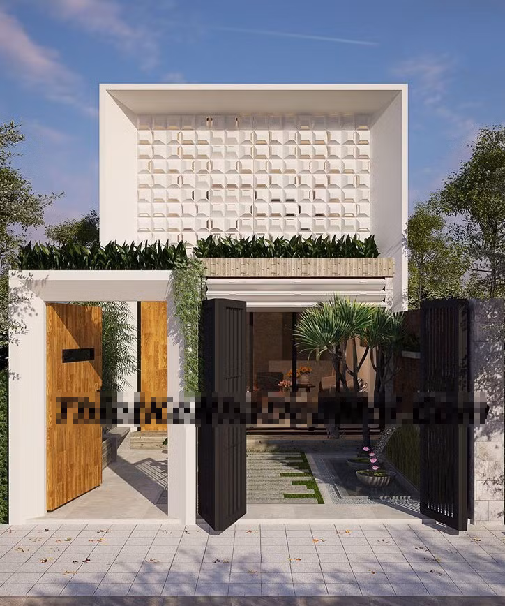 Nhà ống gác lửng đơn giản có sân vườn phía trước và phía sau. Ảnh: Thietkenhadepmoi.